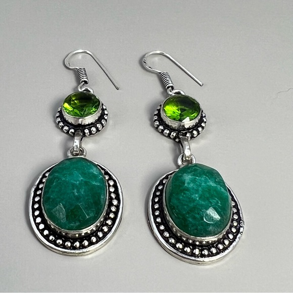 New Faceted Enhanced Green Emerald Stone and Sim Peridot Silver Overlay Earrings - Picture 3 of 7